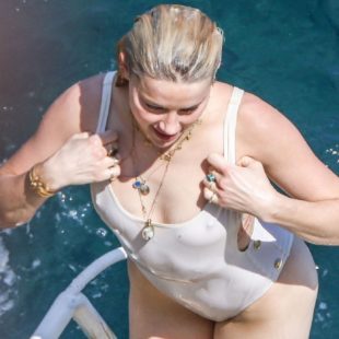 Amber Heard See Through In Wet White Swimsuit